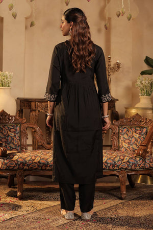 Black Floral Embroidered Silk Blend Kurti Pant Set (IDKS9BK12125)
