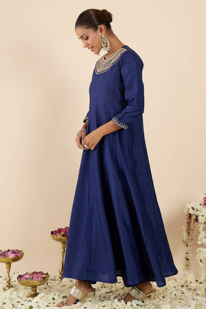 Blue Embroidered Silk Blend Kurti Pant Set (IDKS9BL11783)