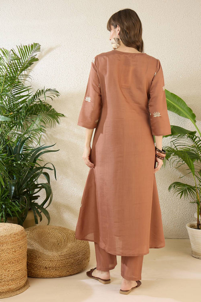 Brown Embroidered Silk Blend Kurti Pant Set (IDKS9BR12210)