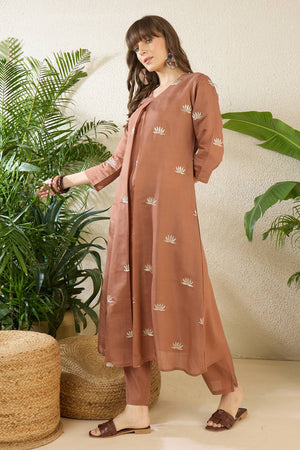 Brown Embroidered Silk Blend Kurti Pant Set (IDKS9BR12210)
