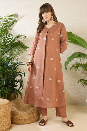 Brown Embroidered Silk Blend Kurti Pant Set (IDKS9BR12210)
