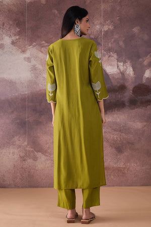 Green Embroidered Silk Blend Kurti Pant Set (IDKS9GN12011)