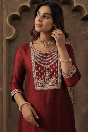 Maroon Embroidered Liva Kurti Pant Set (IDKS9MR11734)
