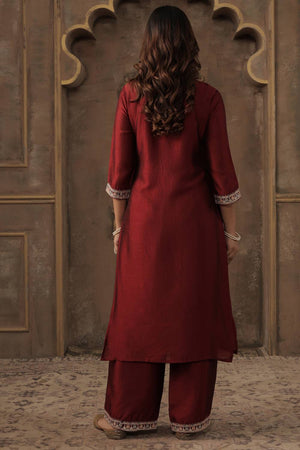 Maroon Embroidered Liva Kurti Pant Set (IDKS9MR11734)
