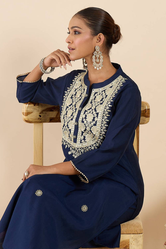 Navy Blue Floral Embroidered Silk Blend Kurti Pant Set (IDKS9NB12329)