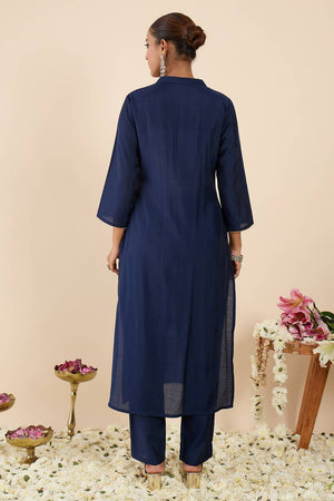 Navy Blue Floral Embroidered Silk Blend Kurti Pant Set (IDKS9NB12329)