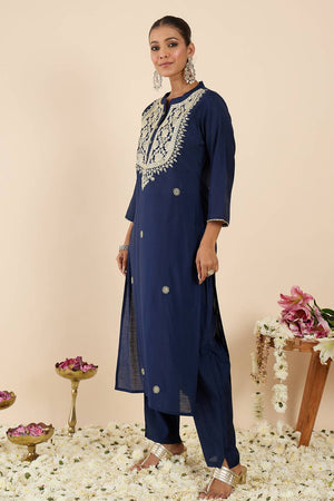Navy Blue Floral Embroidered Silk Blend Kurti Pant Set (IDKS9NB12329)