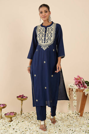 Navy Blue Floral Embroidered Silk Blend Kurti Pant Set (IDKS9NB12329)