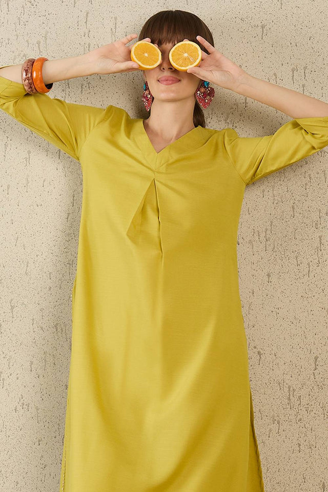 Olive Green Solid Cotton Blend Kurti Pant Set (IDKS9OL11640)