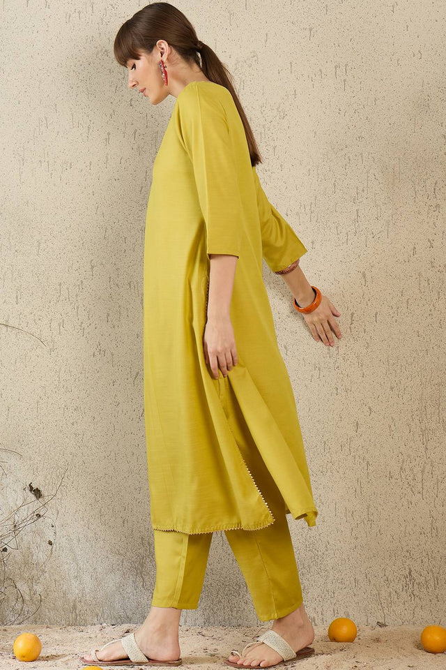 Olive Green Solid Cotton Blend Kurti Pant Set (IDKS9OL11640)