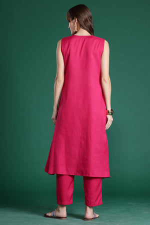 Pink Solid Cotton Blend Kurti Pant Set (IDKS9PK10393)