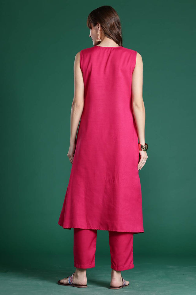 Pink Solid Cotton Blend Kurti Pant Set (IDKS9PK10393)