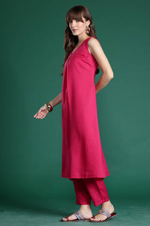 Pink Solid Cotton Blend Kurti Pant Set (IDKS9PK10393)