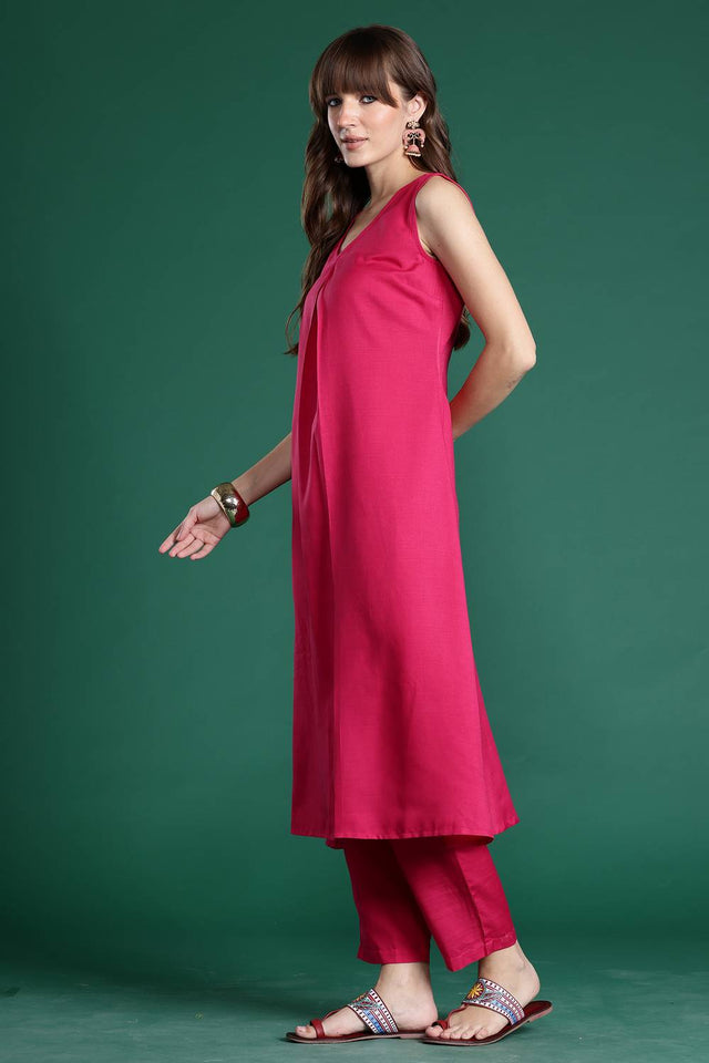 Pink Solid Cotton Blend Kurti Pant Set (IDKS9PK10393)