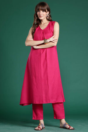 Pink Solid Cotton Blend Kurti Pant Set (IDKS9PK10393)