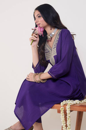 Violet Embroidered Silk Blend Kurti Pant Set (IDKS9PR12324)