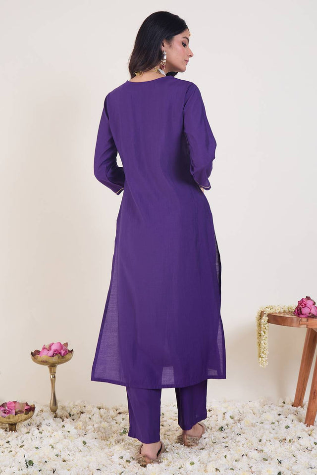 Violet Embroidered Silk Blend Kurti Pant Set (IDKS9PR12324)
