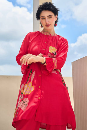 Red Embroidered Silk Blend Kurti Pant Set (IDKS9RD11984)