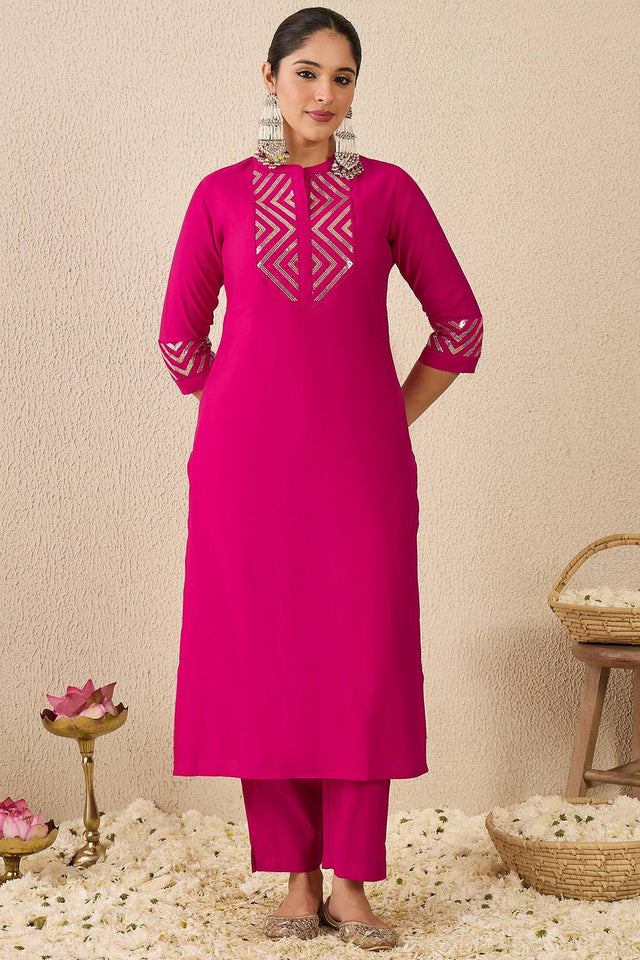 Pink Sequin Silk Blend Kurti Pant Set (IDKS9RP11993)