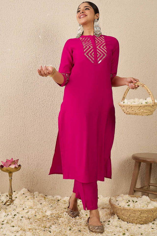 Pink Sequin Silk Blend Kurti Pant Set (IDKS9RP11993)