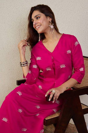 Pink Floral Embroidered Silk Blend Kurti Pant Set (IDKS9RP12209)