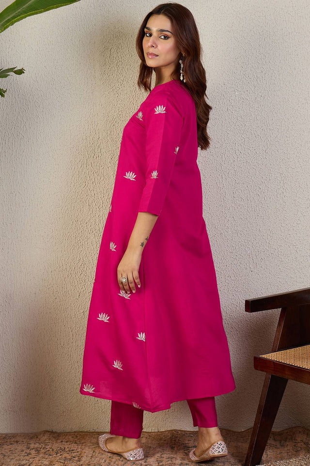 Pink Floral Embroidered Silk Blend Kurti Pant Set (IDKS9RP12209)
