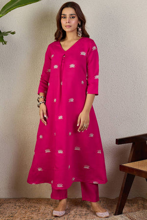 Pink Floral Embroidered Silk Blend Kurti Pant Set (IDKS9RP12209)