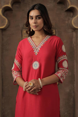 Pink Embroidered Silk Blend Kurti Pant Set (IDKS9RP12356)