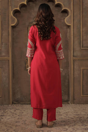 Pink Embroidered Silk Blend Kurti Pant Set (IDKS9RP12356)
