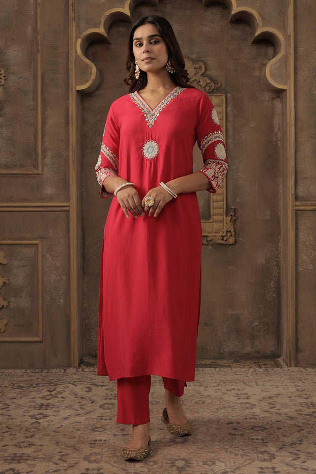 Pink Embroidered Silk Blend Kurti Pant Set (IDKS9RP12356)