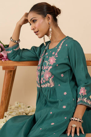 Sea Green Embroidered Silk Blend Kurti Pant Set (IDKS9SG12126)