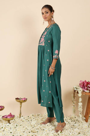 Sea Green Embroidered Silk Blend Kurti Pant Set (IDKS9SG12126)