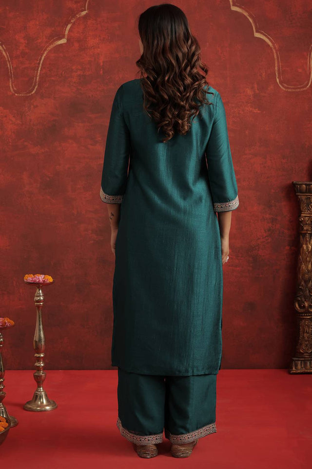 Turquoise Sequin with Embroidered Liva Kurti Pant Set (IDKS9TL11733)
