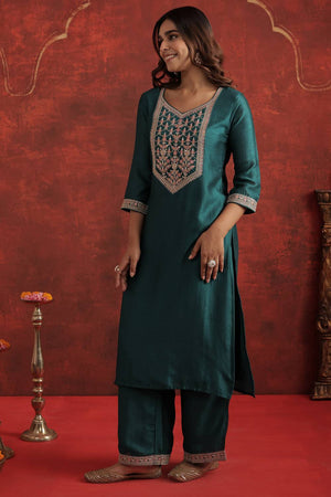 Turquoise Sequin with Embroidered Liva Kurti Pant Set (IDKS9TL11733)