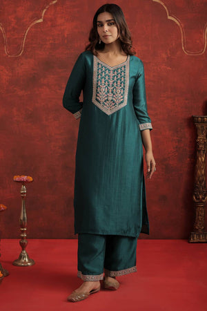 Turquoise Sequin with Embroidered Liva Kurti Pant Set (IDKS9TL11733)