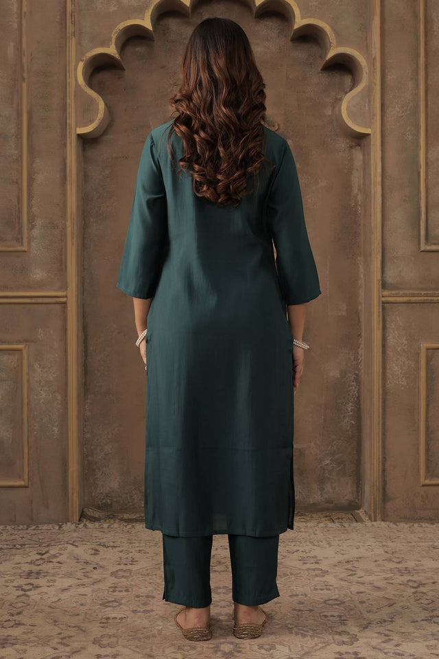 Turquoise Floral Embroidered Silk Blend Kurti Pant Set (IDKS9TL12216)