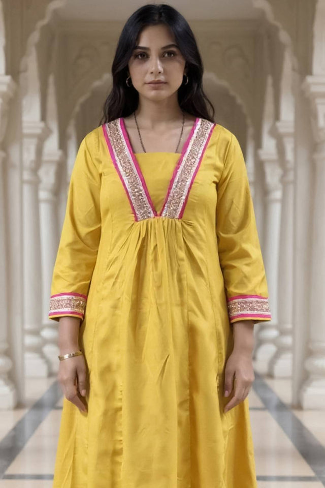 Yellow Solid Cotton Blend Kurti Pant Set (IDKS9YL11642)