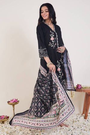 Black Embroidered Cotton Kurti Pant Set (IDST0KH122)