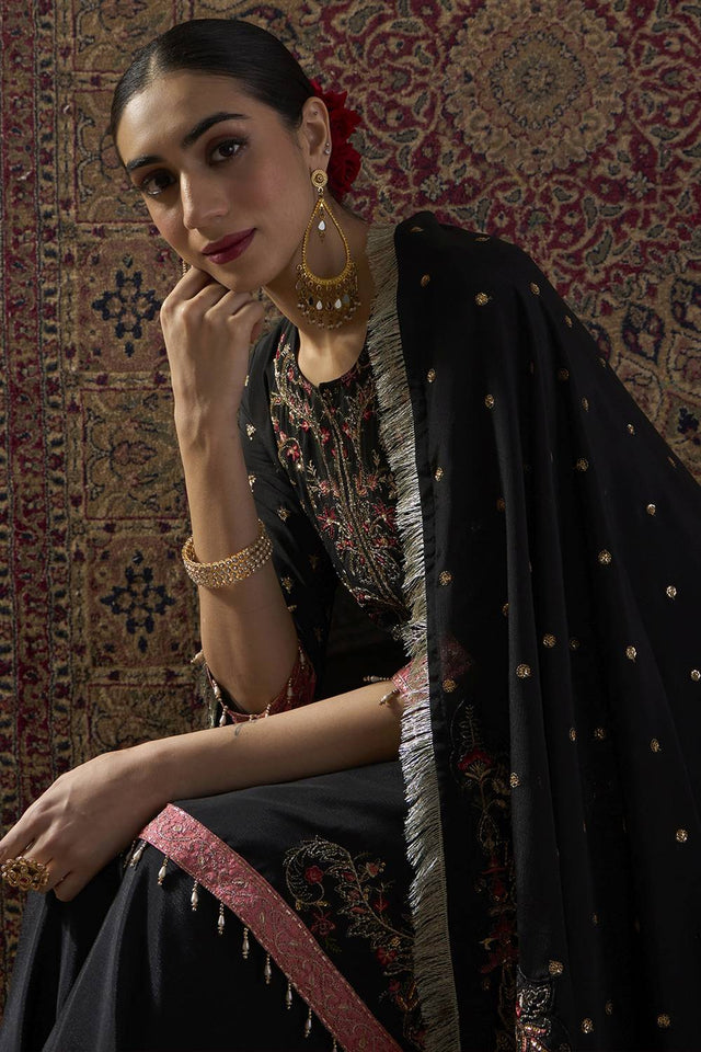 Black Floral Embroidered Chinon Kurti Pant Set (IDST9KH138)
