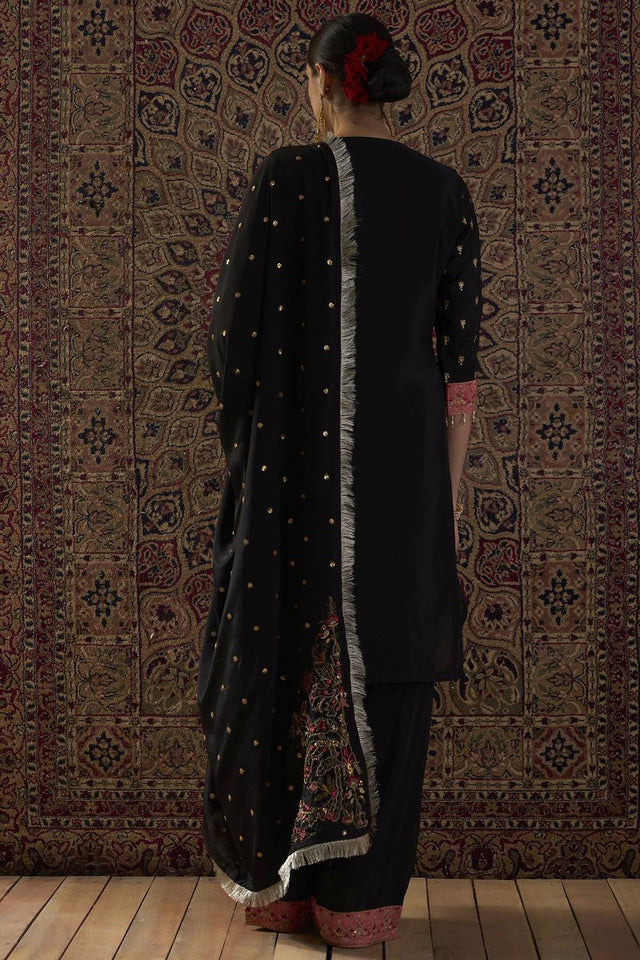 Black Floral Embroidered Chinon Kurti Pant Set (IDST9KH138)