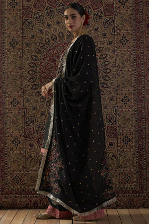 Black Floral Embroidered Chinon Kurti Pant Set (IDST9KH138)