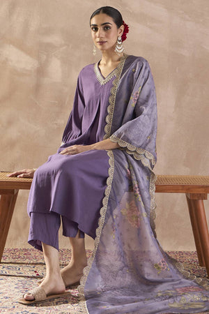Violet Solid Silk Blend Kurti Pant Set (IDST9KH166)