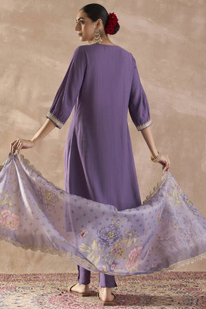 Violet Solid Silk Blend Kurti Pant Set (IDST9KH166)