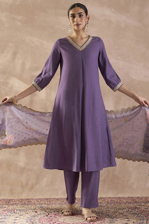Violet Solid Silk Blend Kurti Pant Set (IDST9KH166)