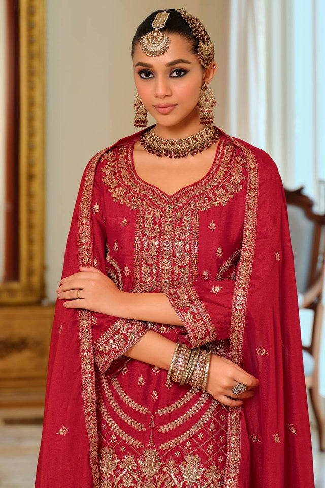 Red Embroidered Chinon Kurti Pant Set (IDST9KH256)