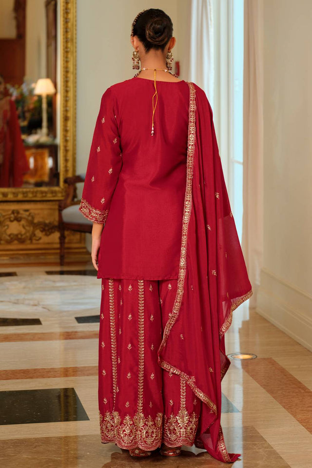 Red Embroidered Chinon Kurti Pant Set (IDST9KH256)