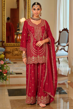 Red Embroidered Chinon Kurti Pant Set (IDST9KH256)