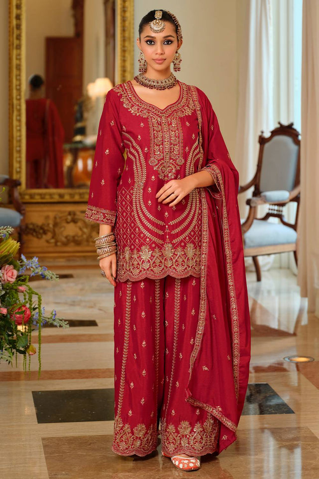 Red Embroidered Chinon Kurti Pant Set (IDST9KH256)
