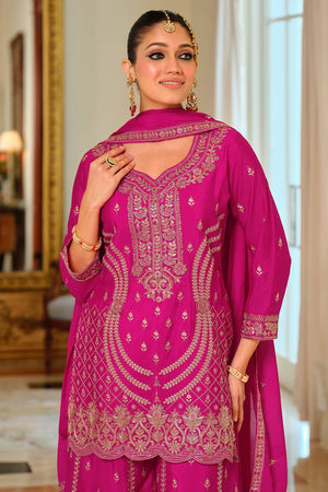 Pink Embroidered Chinon Kurti Pant Set (IDST9KH257)