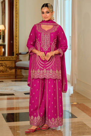 Pink Embroidered Chinon Kurti Pant Set (IDST9KH257)
